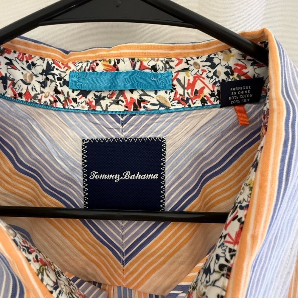 Tommy Bahama Mens XXL Cotton Silk Striped Button Down Shirt Blue Orange - Picture 3 of 9